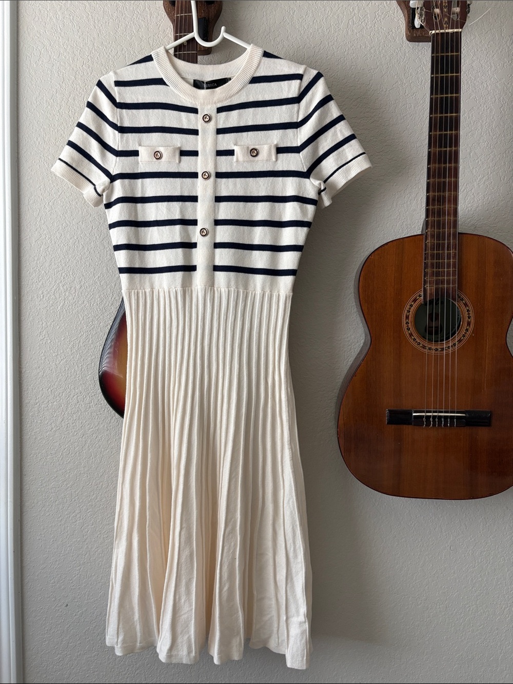 Cream and Navy Striped Midi Dress by